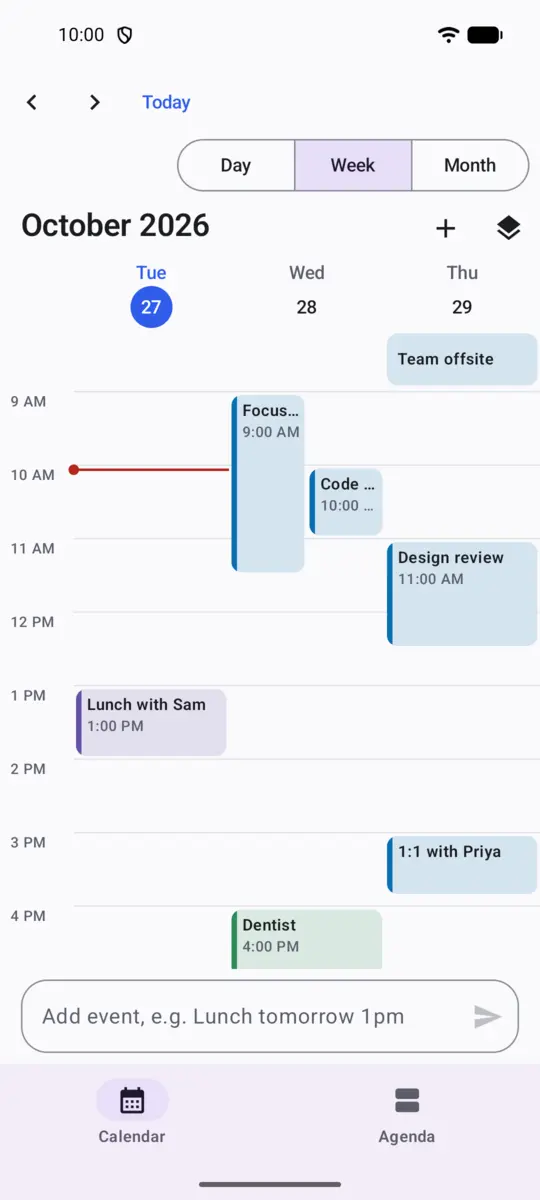 The week view on a phone showing three days