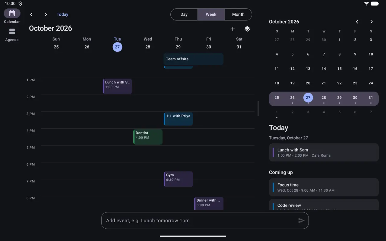 The week view on a tablet in dark mode