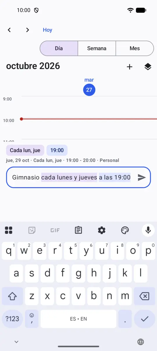Escribiendo «Gimnasio cada lunes y jueves a las 19:00» en un móvil, con la repetición y la hora resaltadas