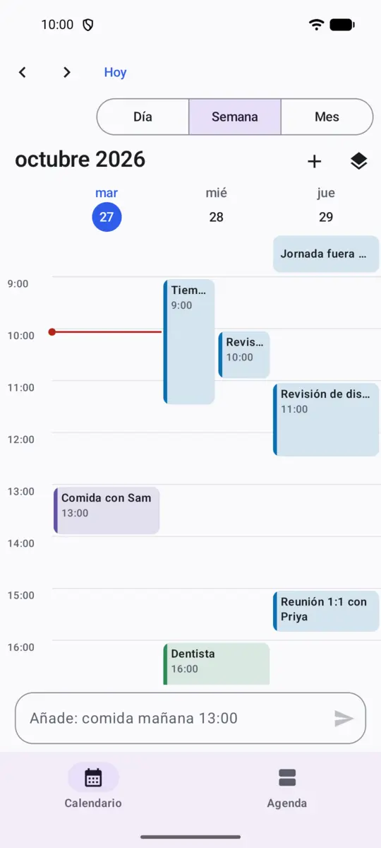 La vista de semana en un móvil, con tres días