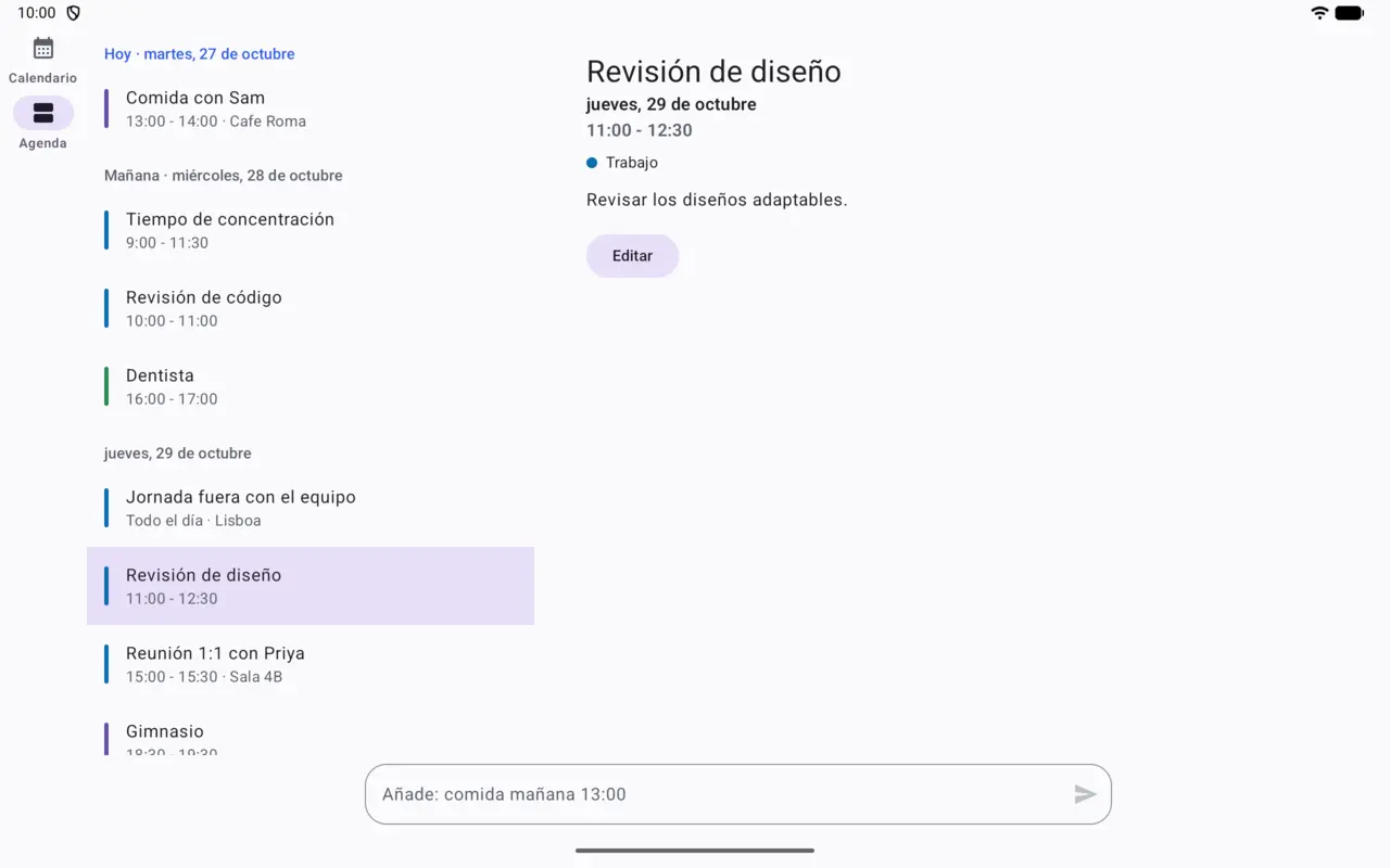 La agenda en una tablet: eventos agrupados por día a la izquierda y los detalles del evento elegido a la derecha