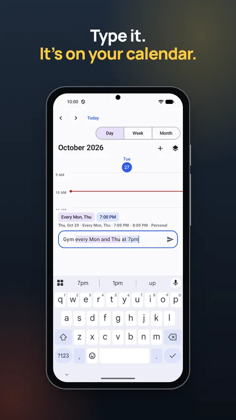 Store screenshot: typing Gym every Mon and Thu at 7pm on a phone