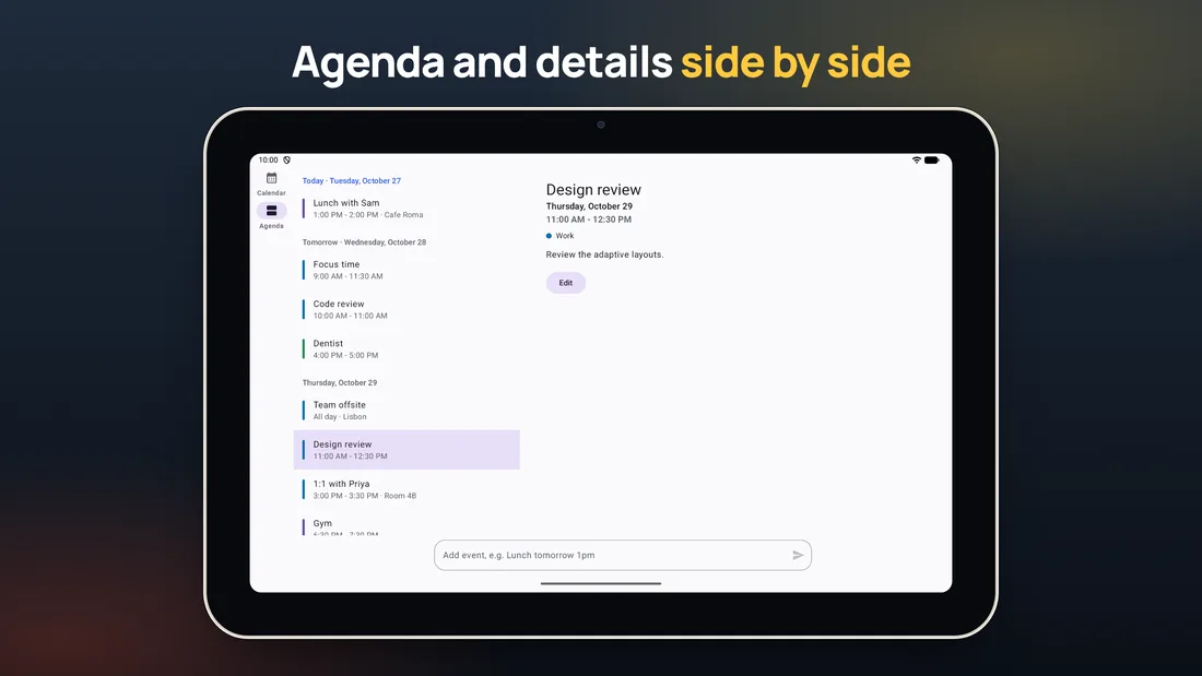 Store screenshot: agenda and event details side by side on a tablet