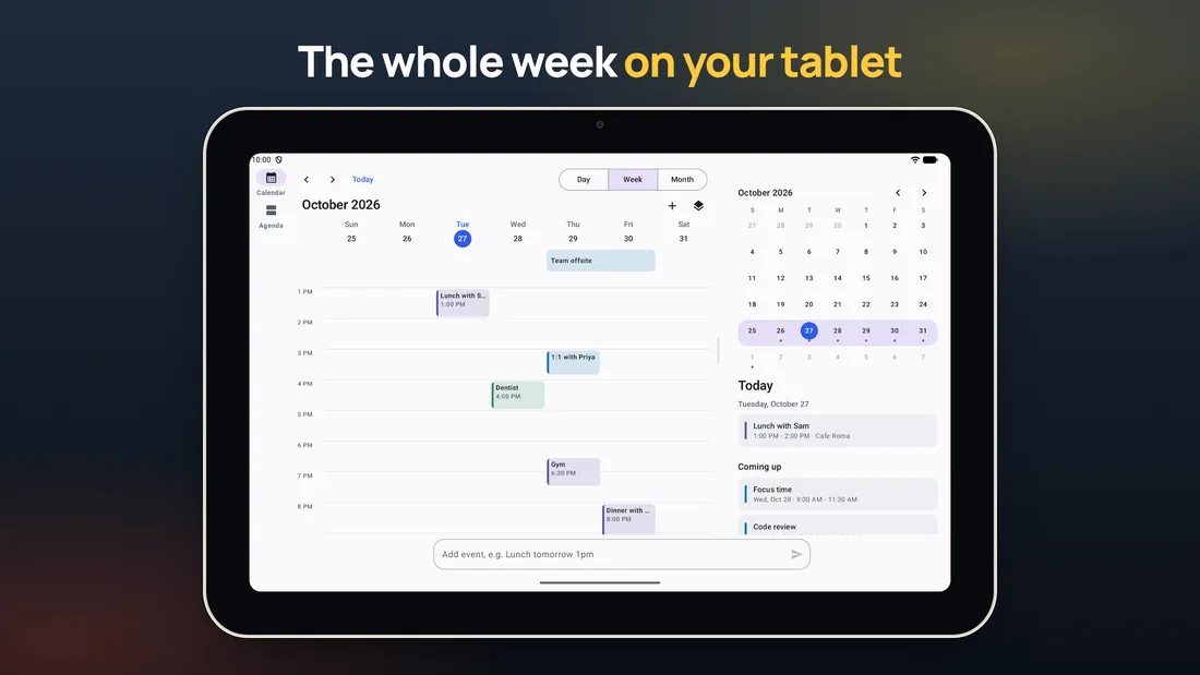 Store screenshot: a 7-day week with a Today panel on a tablet